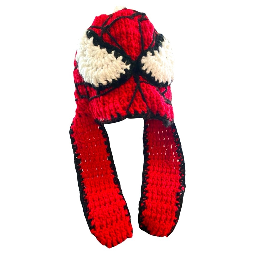 Spider-Man Crocheted Beanie Youth 6-8 Years Handmade Ear Flaps